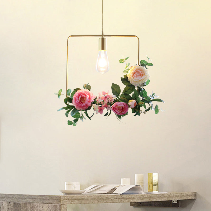 Metal Gold Ceiling Pendant with Artificial Flower: Industrial Hanging Light Fixture with Frame Options