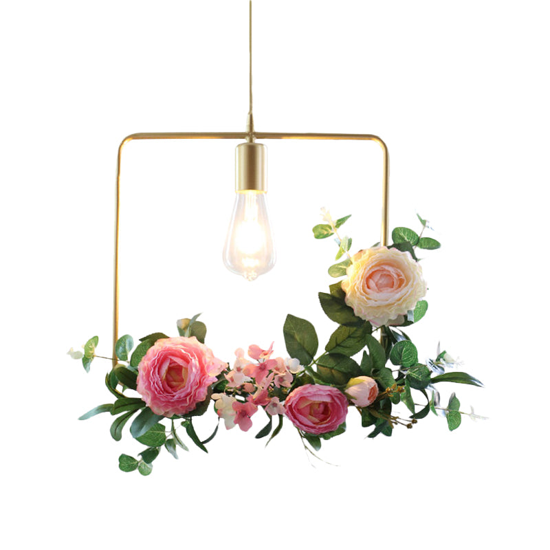 Metal Gold Ceiling Pendant with Artificial Flower: Industrial Hanging Light Fixture with Frame Options