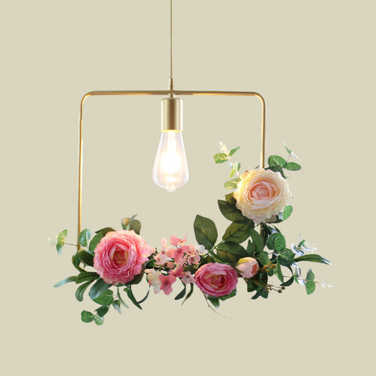 Metal Gold Ceiling Pendant with Artificial Flower: Industrial Hanging Light Fixture with Frame Options