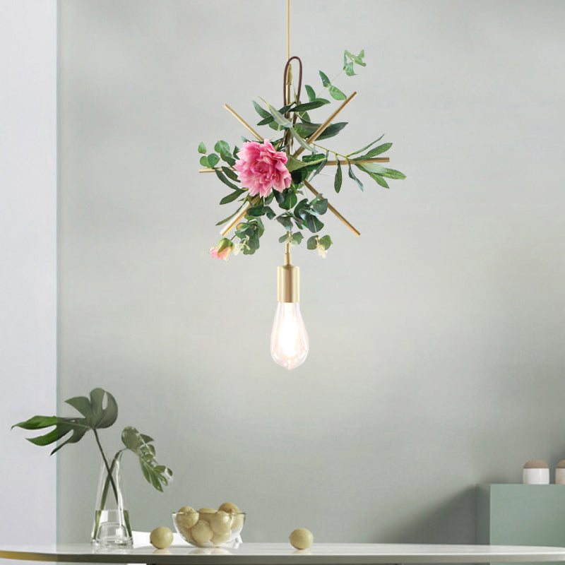 Modern Metallic Hanging Pendant: 1-Light Champagne Loft Style with Unique Triangle/Round/Square Design for Living Room Ceiling, incl. Artificial Flower Deco