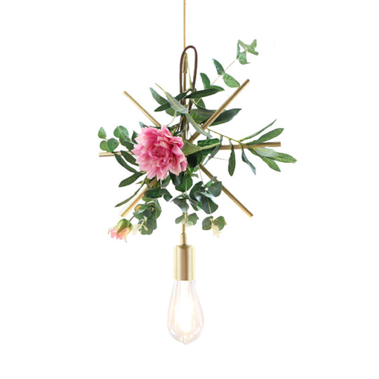 Modern Metallic Hanging Pendant: 1-Light Champagne Loft Style with Unique Triangle/Round/Square Design for Living Room Ceiling, incl. Artificial Flower Deco