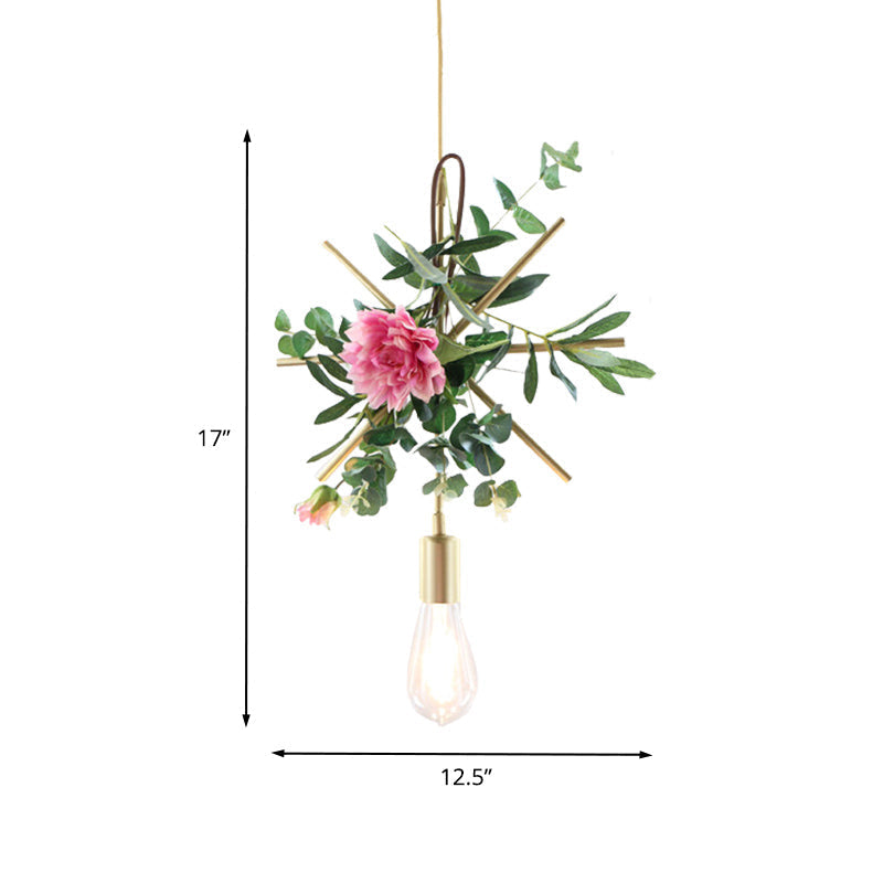 Modern Metallic Hanging Pendant: 1-Light Champagne Loft Style with Unique Triangle/Round/Square Design for Living Room Ceiling, incl. Artificial Flower Deco