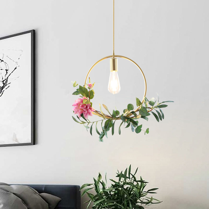 Modern Metallic Hanging Pendant: 1-Light Champagne Loft Style with Unique Triangle/Round/Square Design for Living Room Ceiling, incl. Artificial Flower Deco