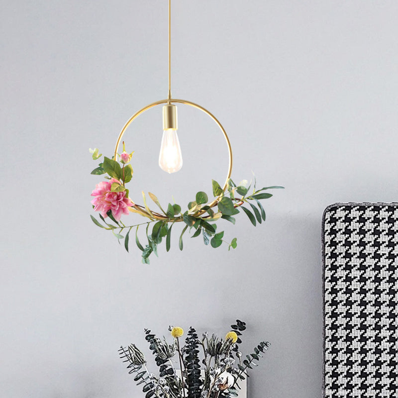 Modern Metallic Hanging Pendant: 1-Light Champagne Loft Style with Unique Triangle/Round/Square Design for Living Room Ceiling, incl. Artificial Flower Deco