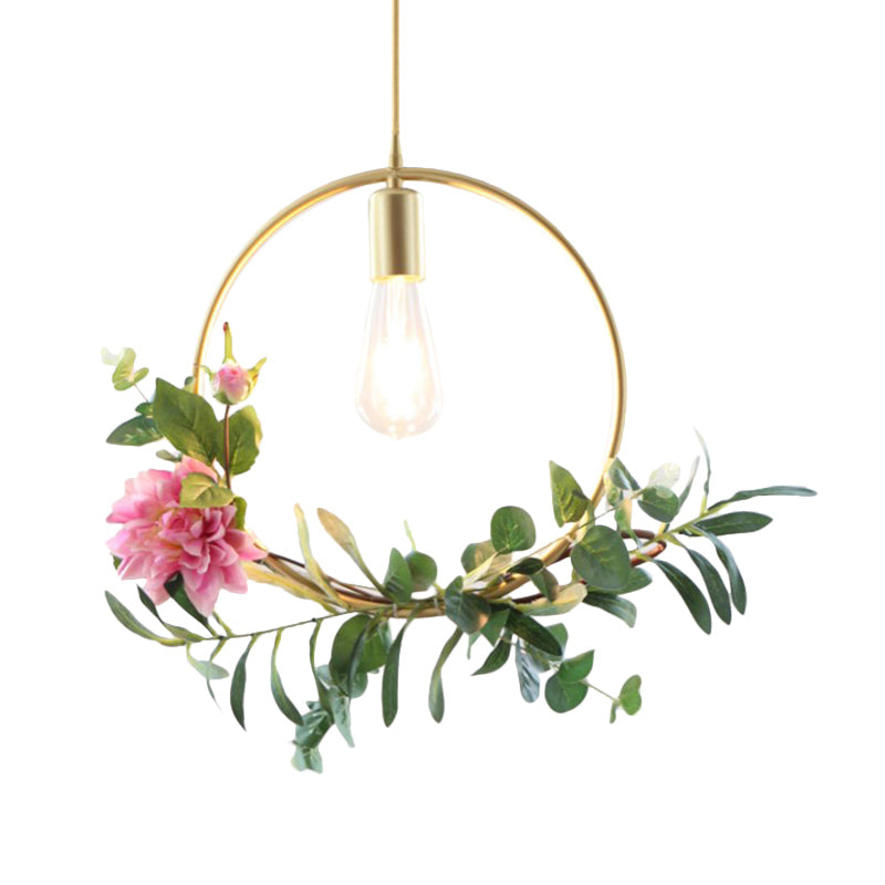 Modern Metallic Hanging Pendant: 1-Light Champagne Loft Style with Unique Triangle/Round/Square Design for Living Room Ceiling, incl. Artificial Flower Deco