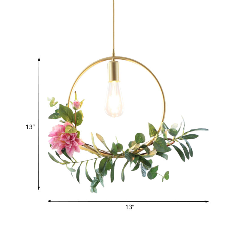 Modern Metallic Hanging Pendant: 1-Light Champagne Loft Style with Unique Triangle/Round/Square Design for Living Room Ceiling, incl. Artificial Flower Deco