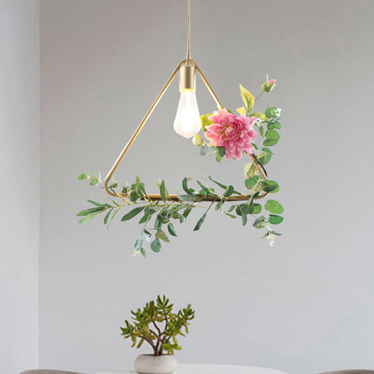 Modern Metallic Hanging Pendant: 1-Light Champagne Loft Style with Unique Triangle/Round/Square Design for Living Room Ceiling, incl. Artificial Flower Deco