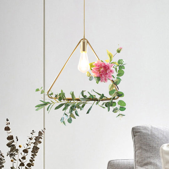 Modern Metallic Hanging Pendant: 1-Light Champagne Loft Style with Unique Triangle/Round/Square Design for Living Room Ceiling, incl. Artificial Flower Deco