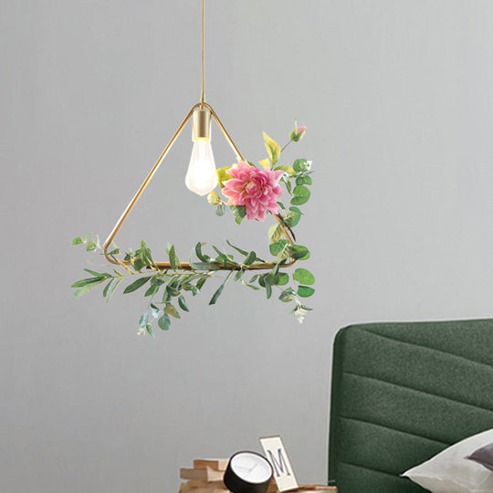 Modern Metallic Hanging Pendant: 1-Light Champagne Loft Style with Unique Triangle/Round/Square Design for Living Room Ceiling, incl. Artificial Flower Deco