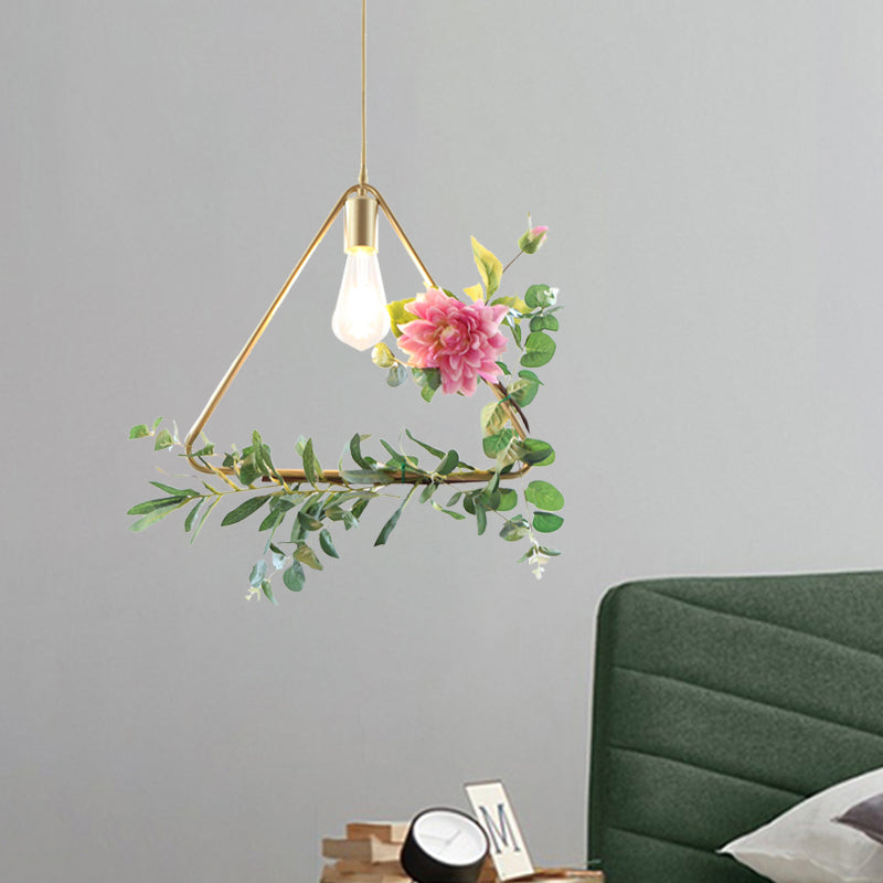 Metallic Hanging Pendant Loft Style Ceiling Light With Artificial Flower Deco - 1-Light Champagne