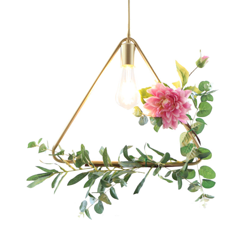 Modern Metallic Hanging Pendant: 1-Light Champagne Loft Style with Unique Triangle/Round/Square Design for Living Room Ceiling, incl. Artificial Flower Deco