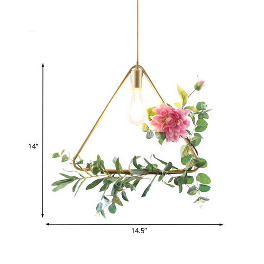 Metallic Hanging Pendant Loft Style Ceiling Light With Artificial Flower Deco - 1-Light Champagne