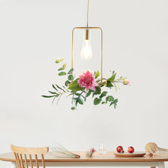 Modern Metallic Hanging Pendant: 1-Light Champagne Loft Style with Unique Triangle/Round/Square Design for Living Room Ceiling, incl. Artificial Flower Deco