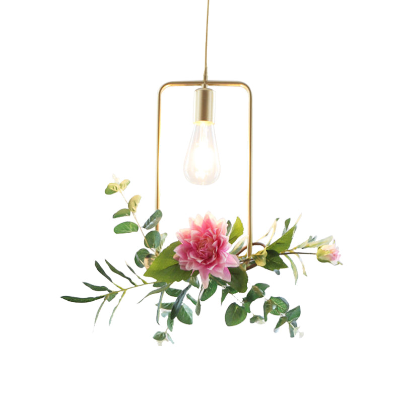 Modern Metallic Hanging Pendant: 1-Light Champagne Loft Style with Unique Triangle/Round/Square Design for Living Room Ceiling, incl. Artificial Flower Deco