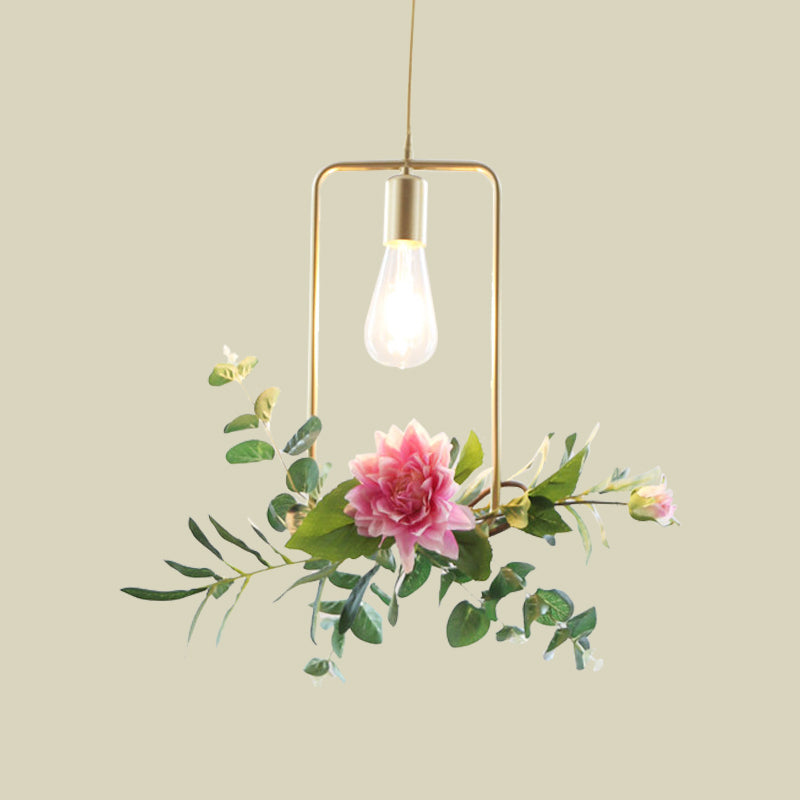 Modern Metallic Hanging Pendant: 1-Light Champagne Loft Style with Unique Triangle/Round/Square Design for Living Room Ceiling, incl. Artificial Flower Deco