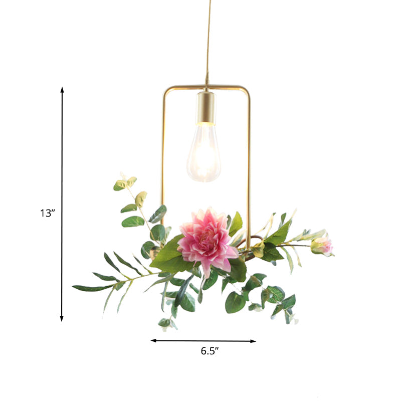 Modern Metallic Hanging Pendant: 1-Light Champagne Loft Style with Unique Triangle/Round/Square Design for Living Room Ceiling, incl. Artificial Flower Deco