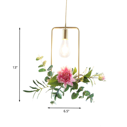 Metallic Hanging Pendant Loft Style Ceiling Light With Artificial Flower Deco - 1-Light Champagne