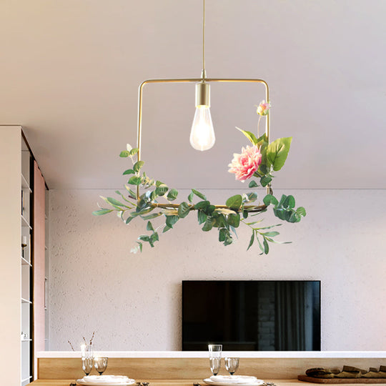 Modern Metallic Hanging Pendant: 1-Light Champagne Loft Style with Unique Triangle/Round/Square Design for Living Room Ceiling, incl. Artificial Flower Deco