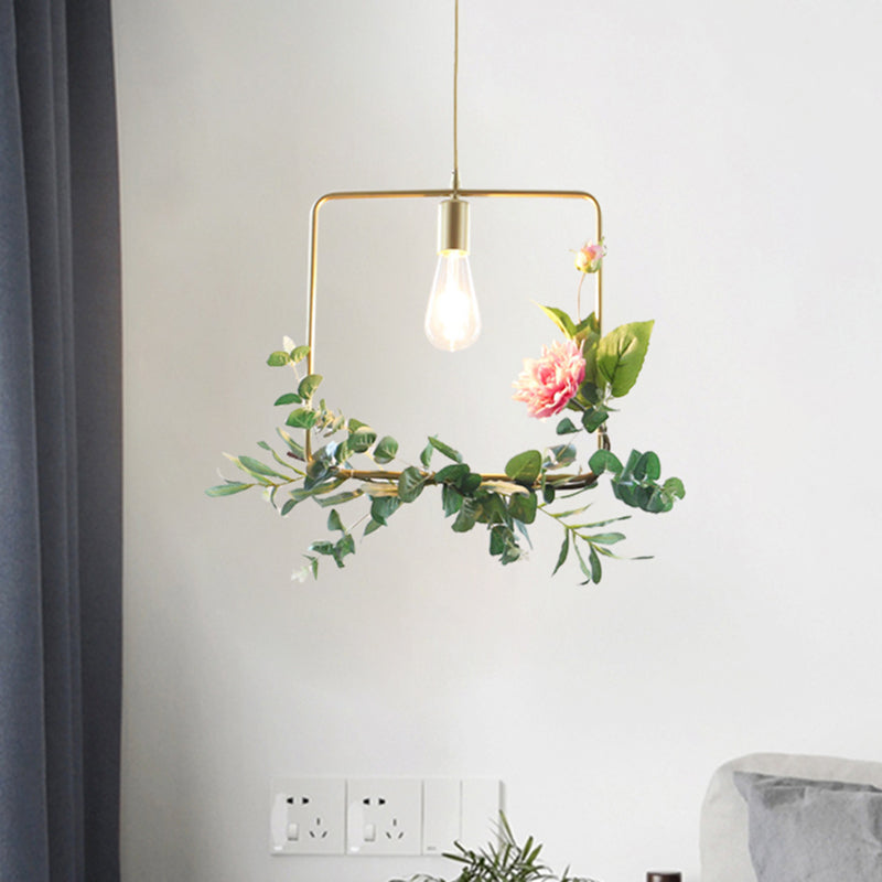 Modern Metallic Hanging Pendant: 1-Light Champagne Loft Style with Unique Triangle/Round/Square Design for Living Room Ceiling, incl. Artificial Flower Deco