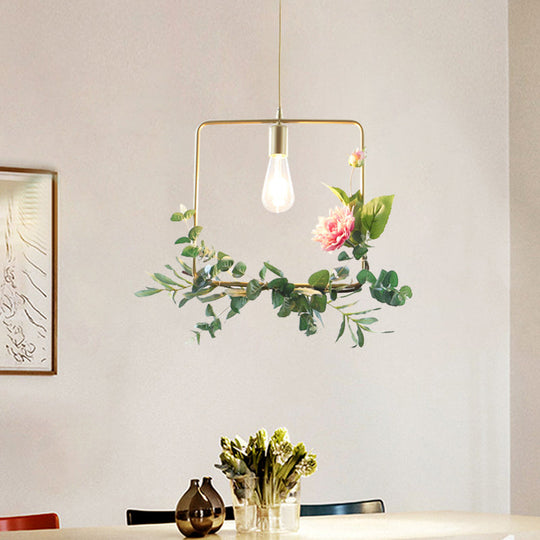 Modern Metallic Hanging Pendant: 1-Light Champagne Loft Style with Unique Triangle/Round/Square Design for Living Room Ceiling, incl. Artificial Flower Deco