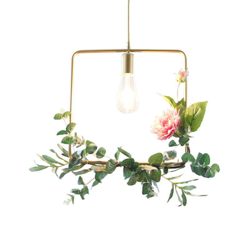 Modern Metallic Hanging Pendant: 1-Light Champagne Loft Style with Unique Triangle/Round/Square Design for Living Room Ceiling, incl. Artificial Flower Deco