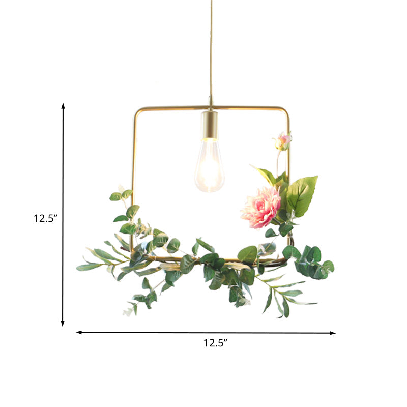 Modern Metallic Hanging Pendant: 1-Light Champagne Loft Style with Unique Triangle/Round/Square Design for Living Room Ceiling, incl. Artificial Flower Deco