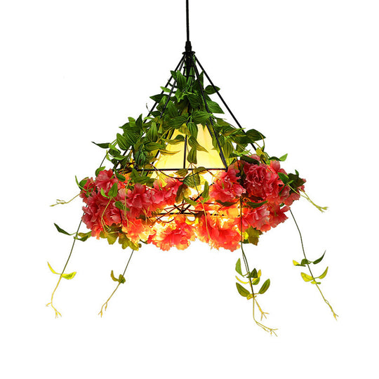 Green Diamond Cage Pendant Light - Vintage Metal 1 15/18 Dining Room Ceiling Lamp With Fabric Shade