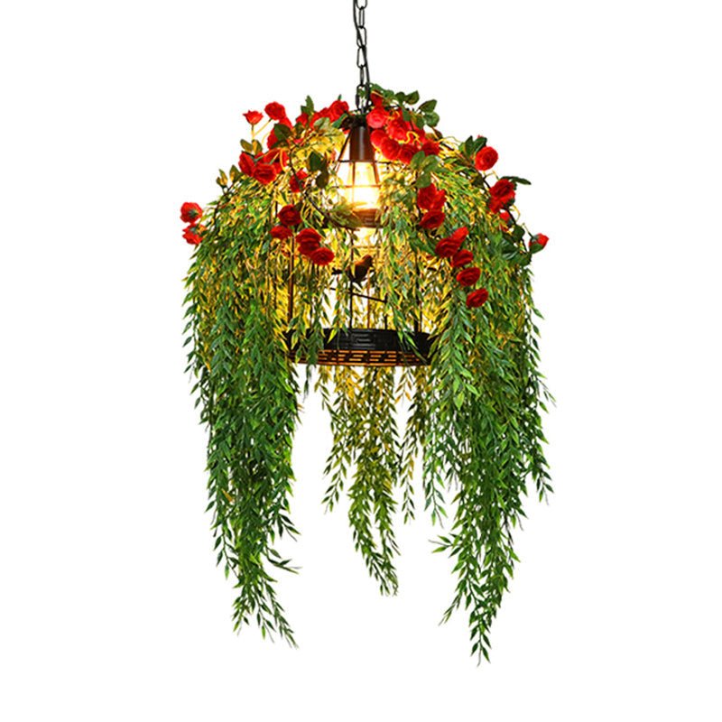 Black Birdcage Pendant Ceiling Light With Cascading Art Plant - 1-Light Metallic Hanging Lighting