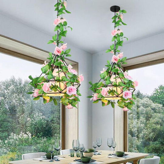 Farmhouse Diamond Cage Ceiling Pendant with Fabric Shade - Red/Pink/Green Metal Suspension Light