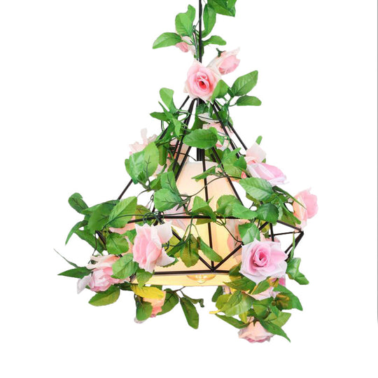 Diamond Cage Farmhouse Pendant Light With Shade And Floral Deco In Red/Pink/Green