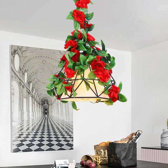 Farmhouse Diamond Cage Ceiling Pendant with Fabric Shade - Red/Pink/Green Metal Suspension Light