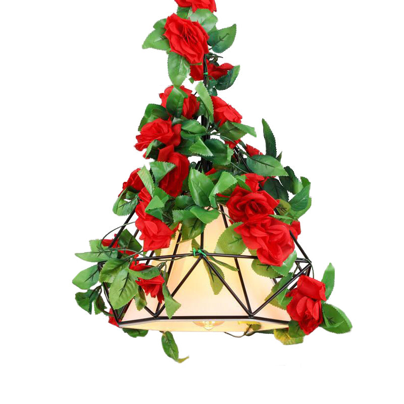 Diamond Cage Farmhouse Pendant Light With Shade And Floral Deco In Red/Pink/Green