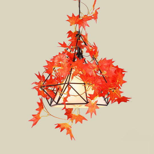 Farmhouse Diamond Cage Ceiling Pendant with Fabric Shade - Red/Pink/Green Metal Suspension Light