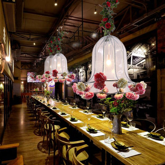 Hanging Metal Bell Warehouse Pendant Light With Artificial Flower Deco - Perfect For Restaurants And