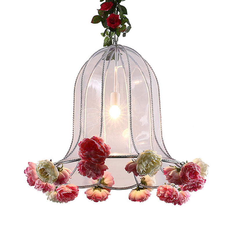 Bell Metallic Pendant Light Kit - Warehouse 1 Bulb Lamp with Artificial Flower Deco for Restaurants