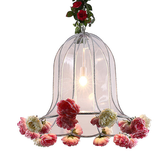 Hanging Metal Bell Warehouse Pendant Light With Artificial Flower Deco - Perfect For Restaurants And