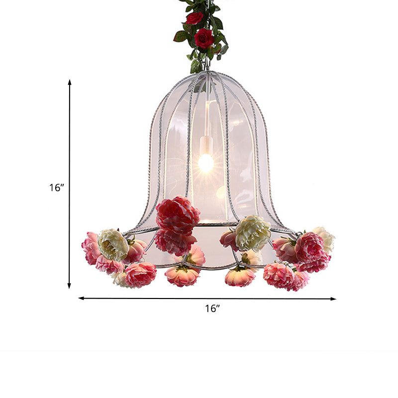 Bell Metallic Pendant Light Kit - Warehouse 1 Bulb Lamp with Artificial Flower Deco for Restaurants