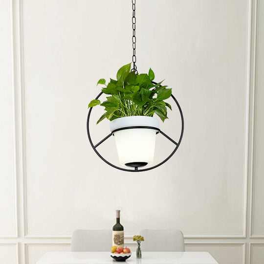 Metal Black Hanging Pendant Light with Round/Flower Frame - Farmhouse Ceiling Lamp + Bucket Planter