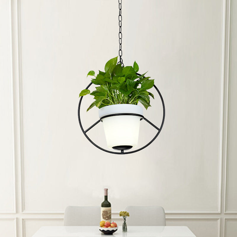 Metal Black Hanging Pendant Light With Rustic Bucket Planter - Farmhouse Ceiling Lamp / Round