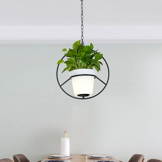 Metal Black Hanging Pendant Light with Round/Flower Frame - Farmhouse Ceiling Lamp + Bucket Planter