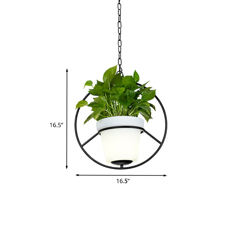 Metal Black Hanging Pendant Light with Round/Flower Frame - Farmhouse Ceiling Lamp + Bucket Planter