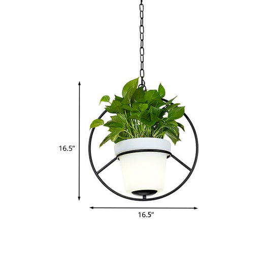 Metal Black Hanging Pendant Light With Rustic Bucket Planter - Farmhouse Ceiling Lamp