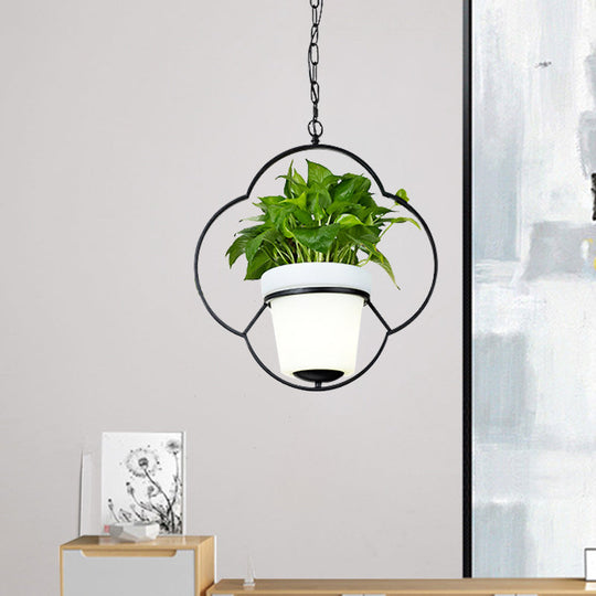 Metal Black Hanging Pendant Light with Round/Flower Frame - Farmhouse Ceiling Lamp + Bucket Planter