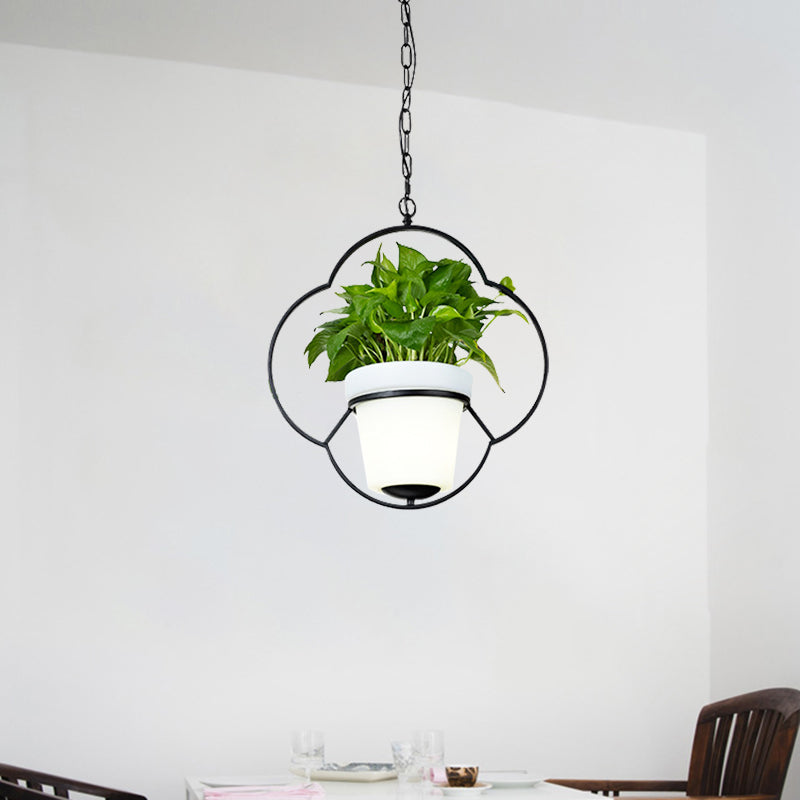 Metal Black Hanging Pendant Light with Round/Flower Frame - Farmhouse Ceiling Lamp + Bucket Planter