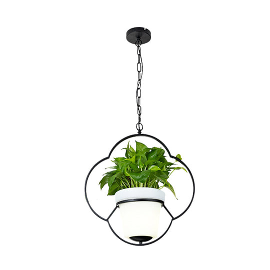 Metal Black Hanging Pendant Light with Round/Flower Frame - Farmhouse Ceiling Lamp + Bucket Planter