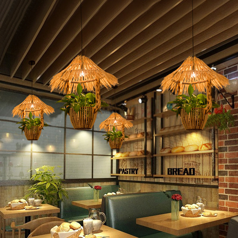 Rattan Pendant Lighting - Industrial Brown Hut Design Restaurant Pendulum Light / A