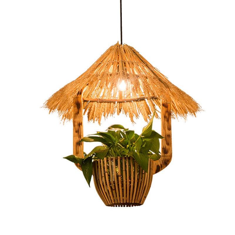 Industrial Brown Rattan Pendant Light for Restaurants - Hut Plant Pot Design