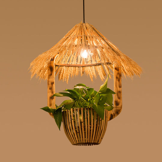 Rattan Pendant Lighting - Industrial Brown Hut Design Restaurant Pendulum Light