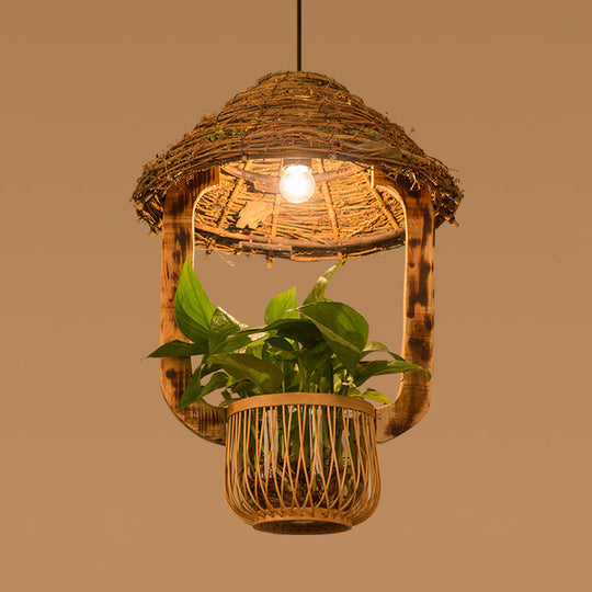 Industrial Brown Rattan Pendant Light for Restaurants - Hut Plant Pot Design