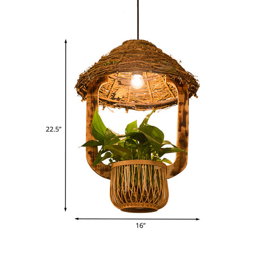 Industrial Brown Rattan Pendant Light for Restaurants - Hut Plant Pot Design